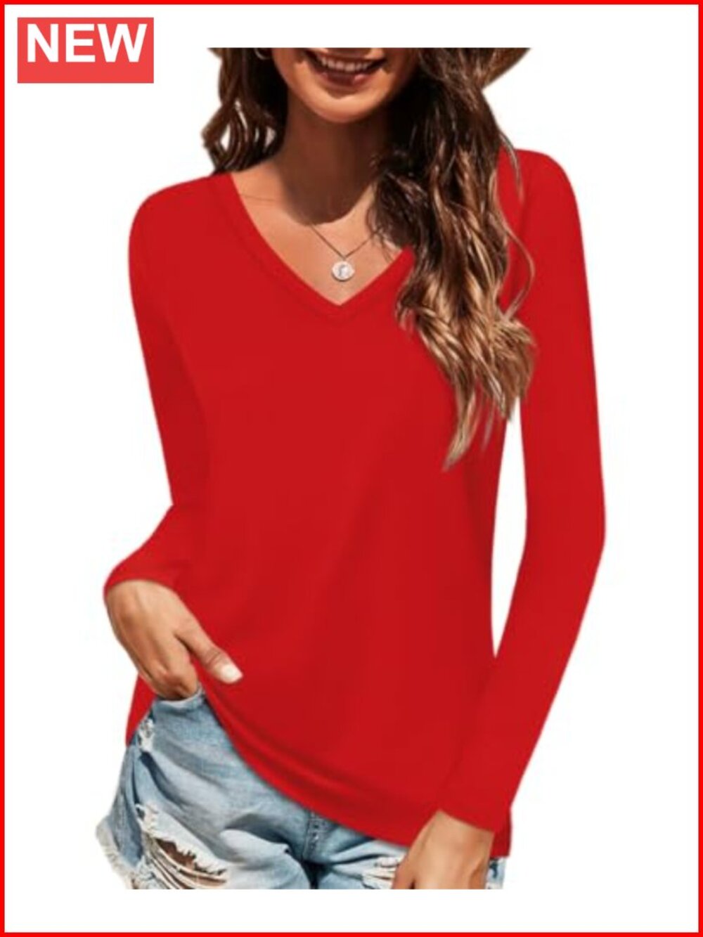 Women's Cotton V Neck Long Sleeve T Shirt Casual Basic Tee
